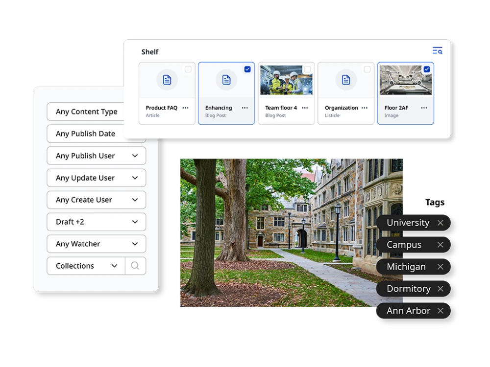 graphic of digital asset management features in Brightspot including search, image preview and metadata tags