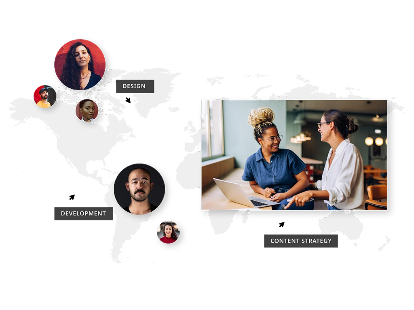 Illustration depicting circular headshots of people in various sizes, a photo of two female workers in a meeting and a world map graphic in the background