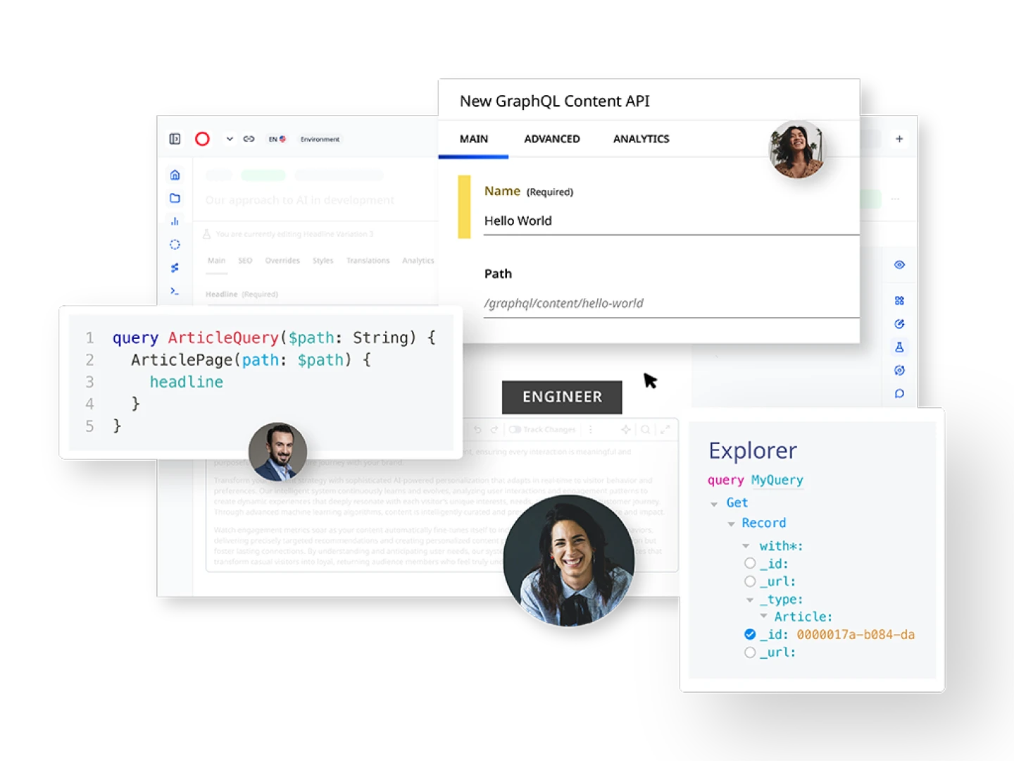 Illustration depicting Brightspot capabilities including GraphQL explorer and query code snippets, image bubbles of a female and male worker, all on background image of Brightspot CMS dashboard