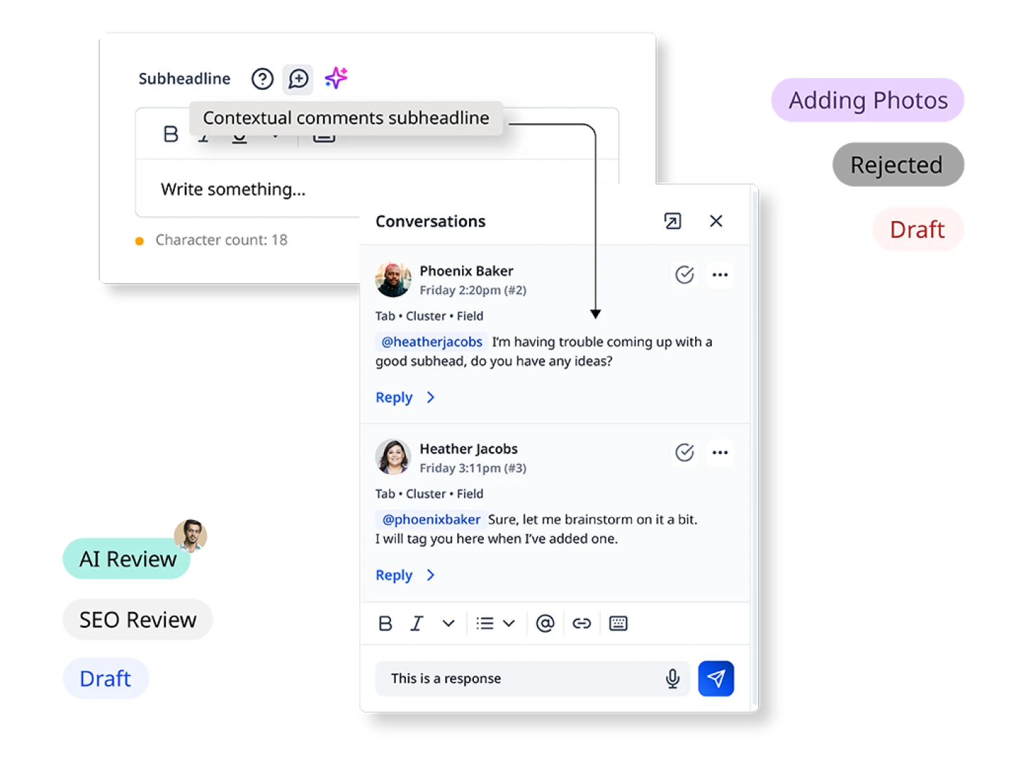 Illustration depicting comments and conversation widgets and workflow statuses such as AI review, SEO review, Draft