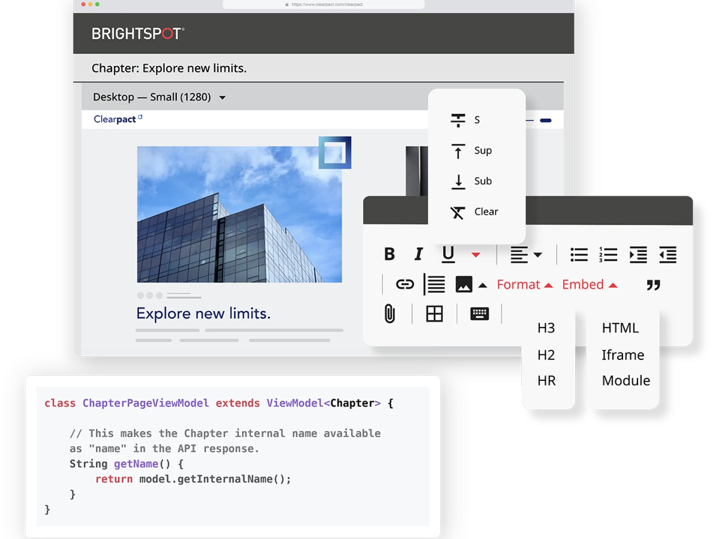 illustration depicting Brightspot-hosted website and capabilities for development teams