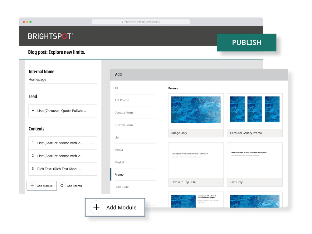 illustration depicting Brightspot CMS features and capabilities for publishing teams