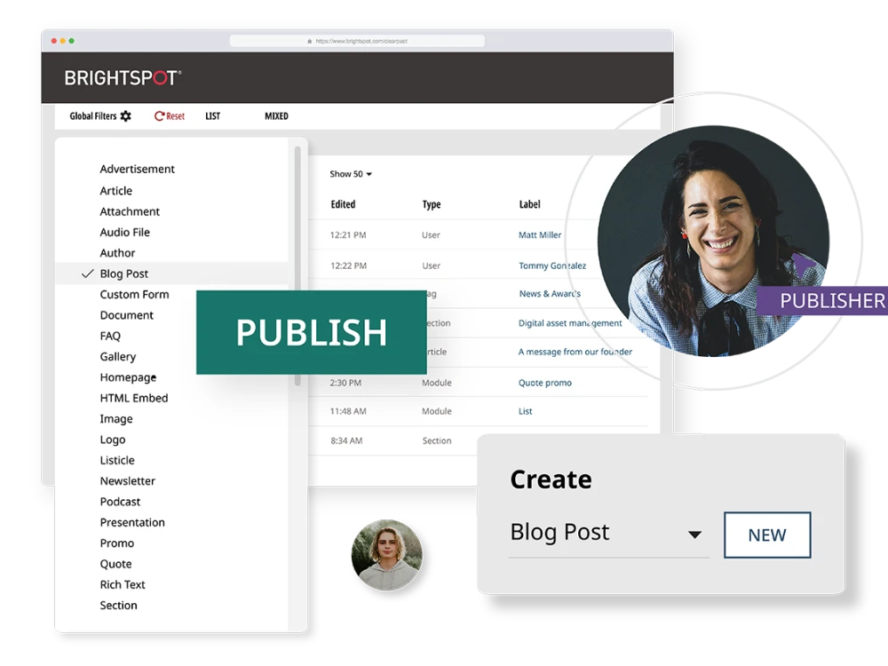 illustration depicting Brightspot CMS capabilities for content publishers including Blog Post creation
