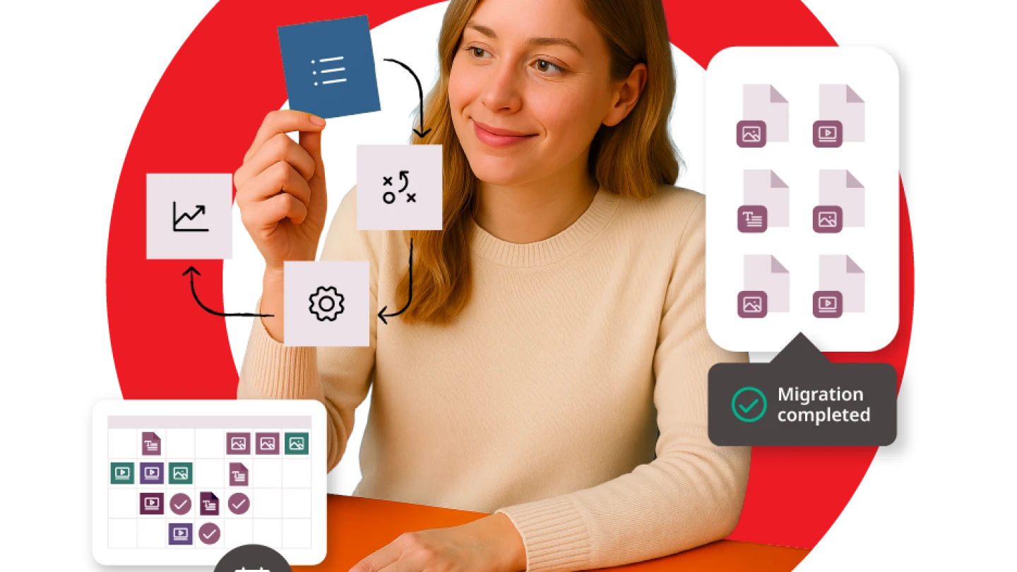Graphic of a young woman sitting with the Brightspot red circle in the background along with icons featuring workflow tasks and files.