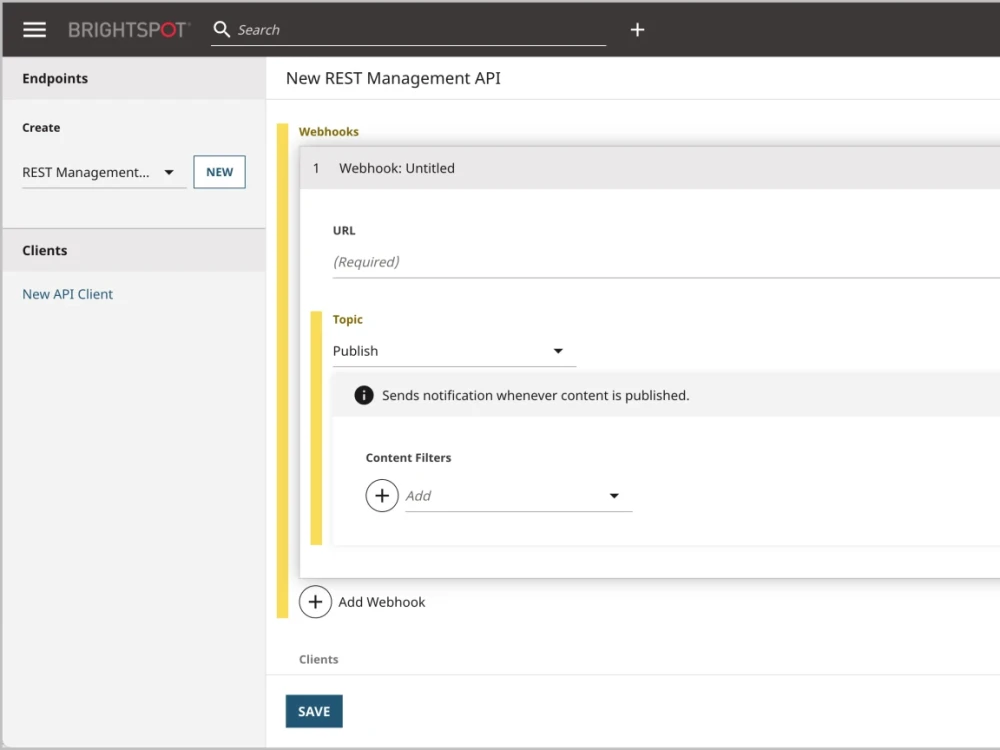 example of setting up webhook in REST API interface in Brightspot CMS