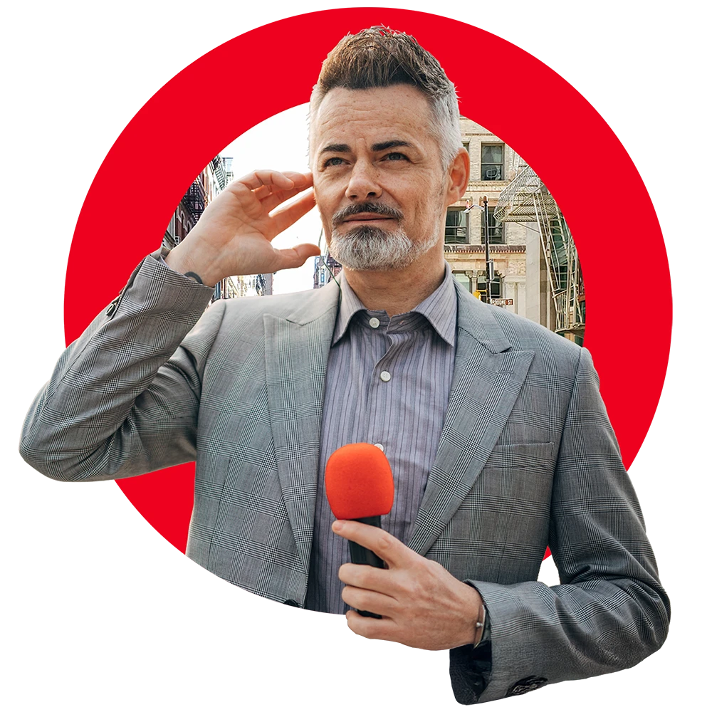 image of broadcaster with microphone with Brightspot logo in the background