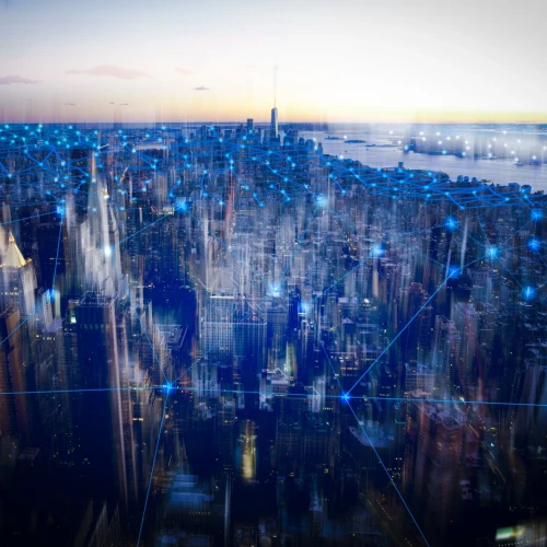 view of Manhattan city skyline overlaid with grid of data points