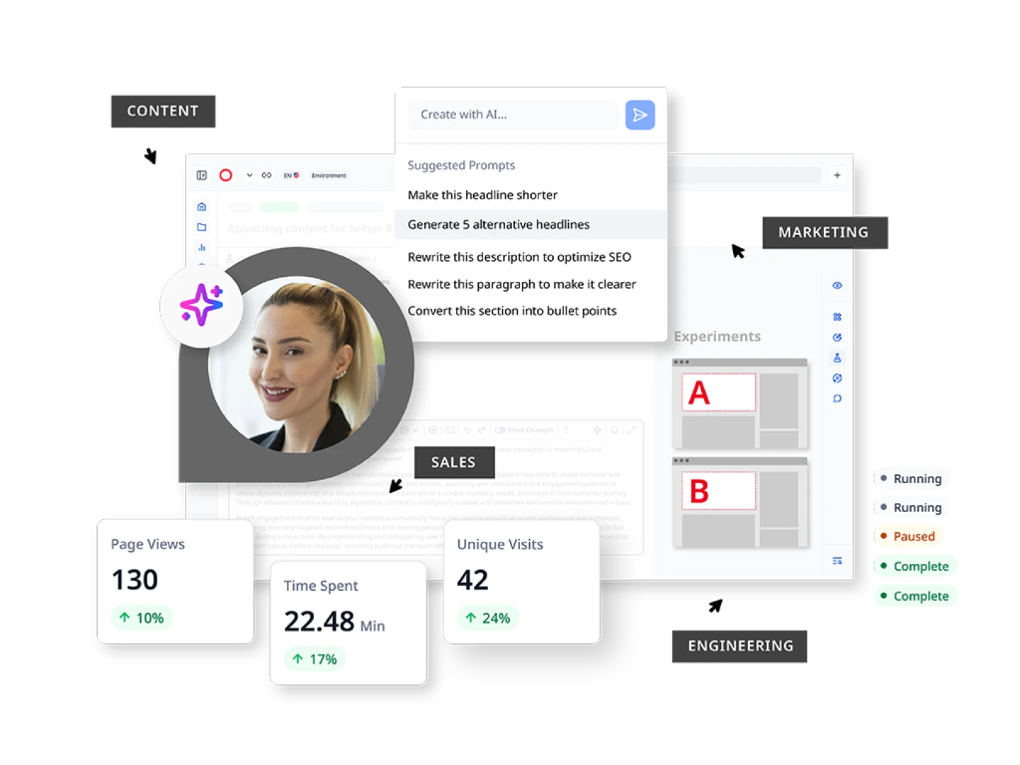 illustration showing Brightspot dashboard, a female with an AI icon, metrics for page views, time spent and unique visits, A/B test diagrams with statuses for running, paused and complete