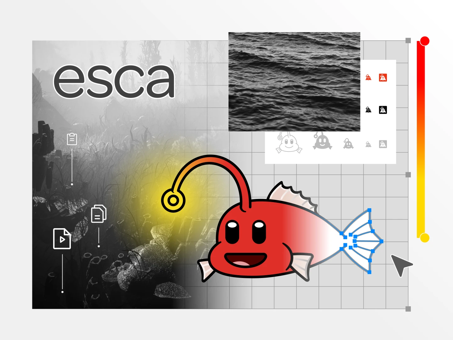 Meet our AI agent, Esca! Graphic of an friendly anglerfish with a glowing lure against a background collage consisting of black and white imagery of ocean waves, aquatic life underwater, a grid, and icons of documents.
