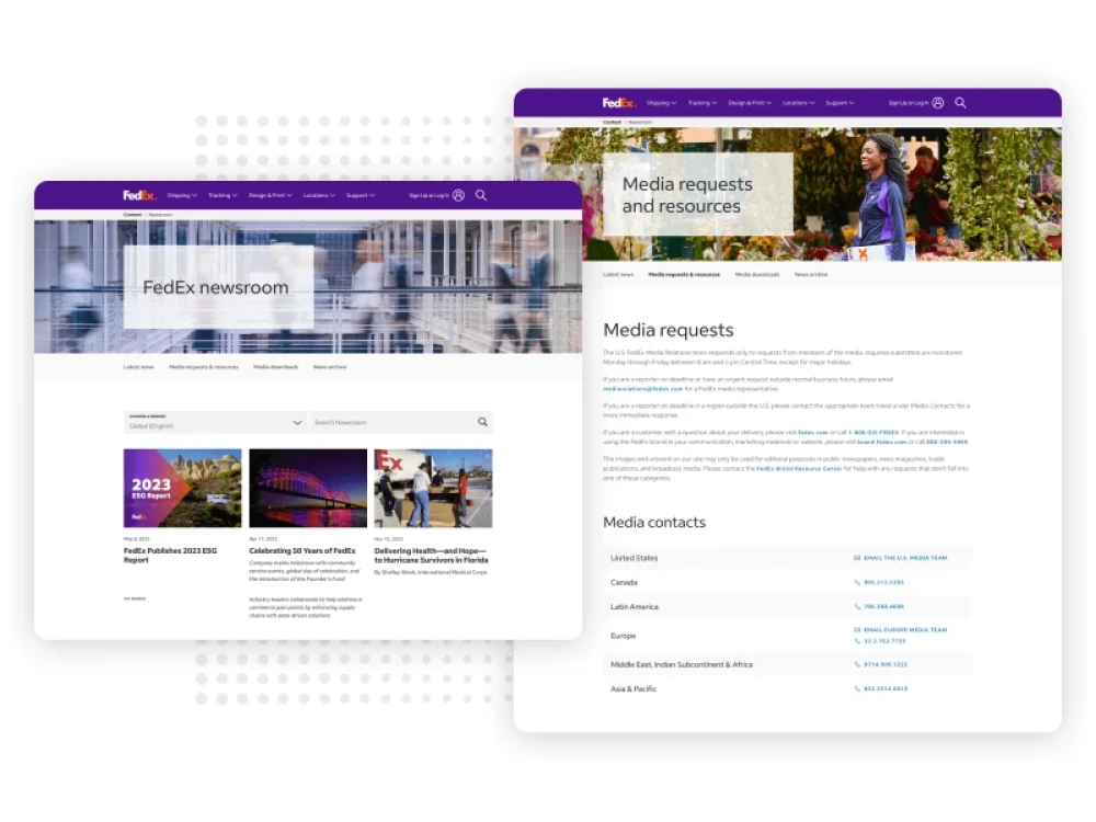 FedEx website screenshot(s) for Brightspot CMS case study