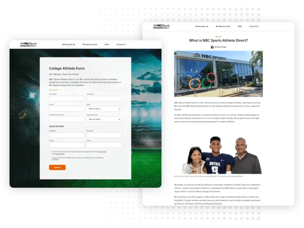 screenshot of NBC Sports Athlete Direct website for Brightspot CMS case study