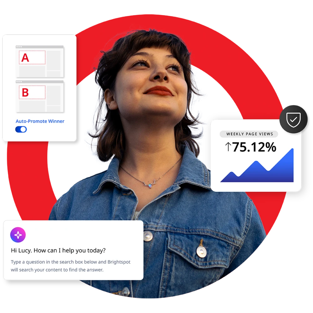 Photo collage of woman looking up with the Brightspot red circle in background, and graphics depicting an AI search box, analytics chart and slack notifications