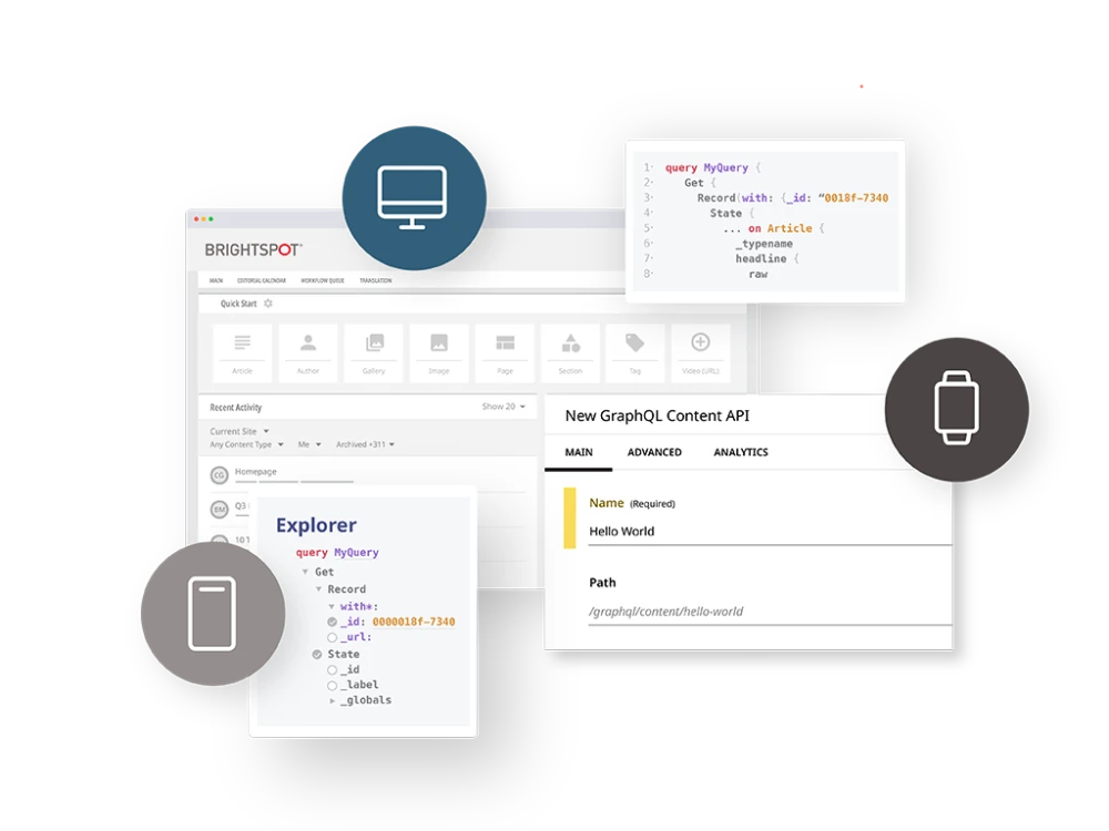 image graphics showing components of a headless CMS architecture including GraphQL query snippets, API object type, device icons, and CMS dashboard
