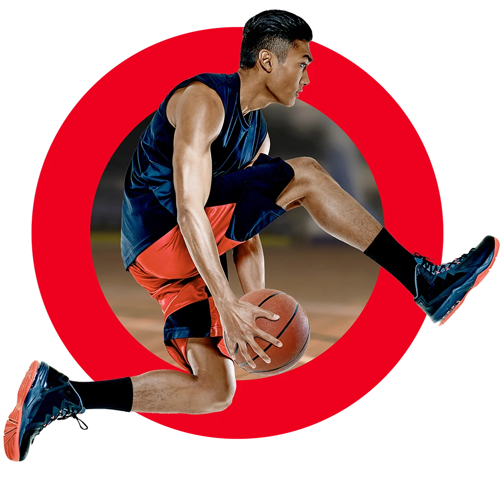 image of basketball player leaping, with red Brightspot logo in background