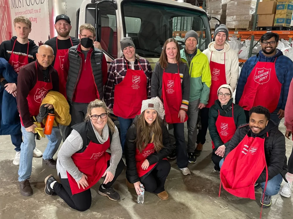 Volunteers in front of the Salvation Army truck at the Angel Tree warehouse