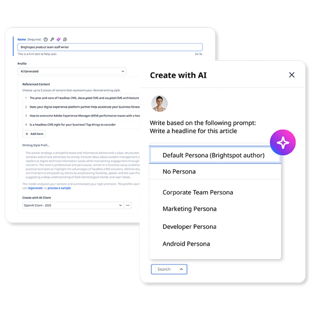 screenshots of Author persona configuration example of a Brightspot staff writer with a list of referenced content and style profile and also a pop-up screen of an AI prompt with drop-down list to select a persona