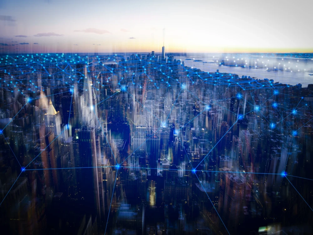 view of Manhattan city skyline overlaid with grid of data points