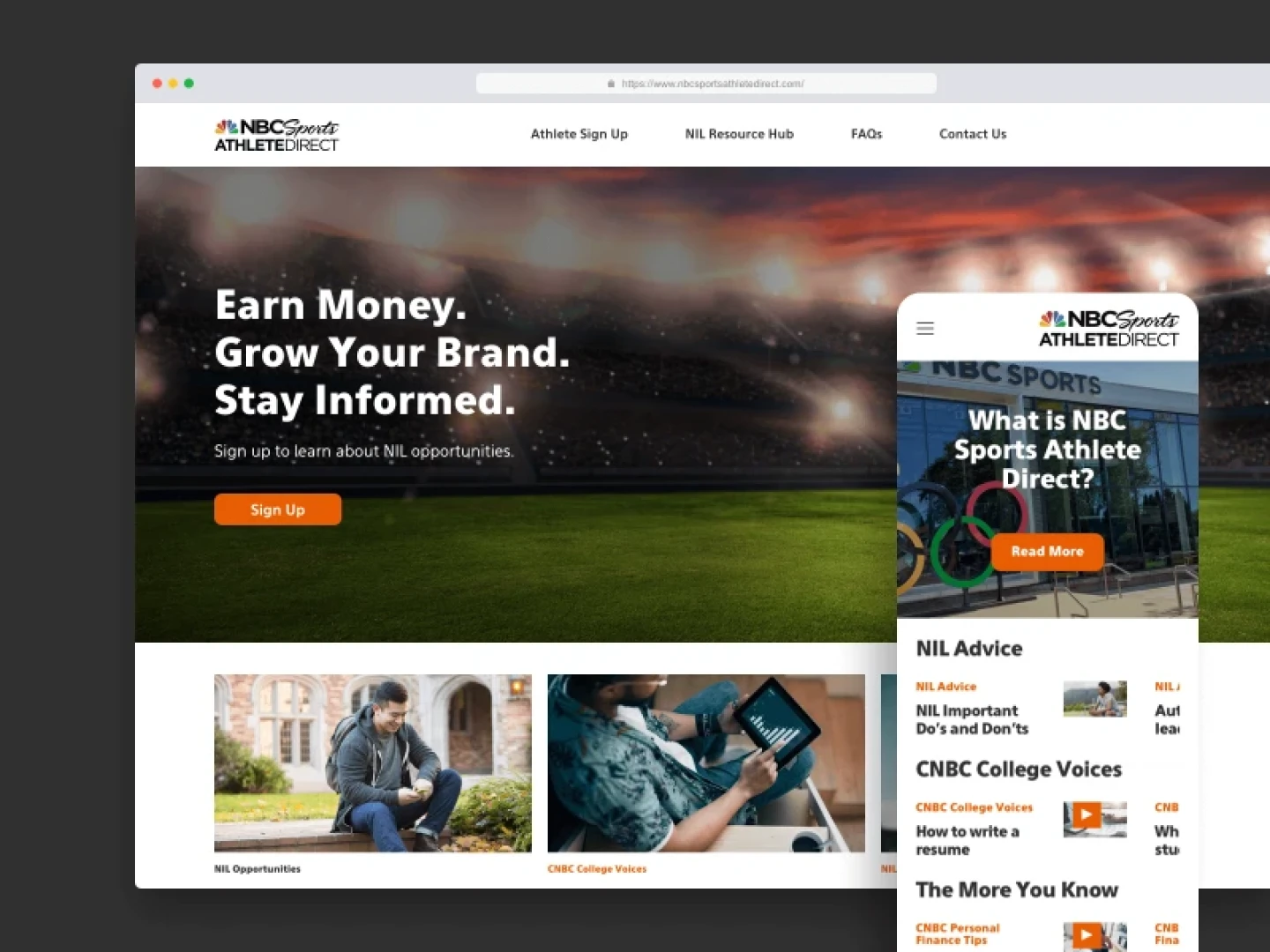 screenshot of NBC Sports Athlete Direct website for Brightspot CMS case study