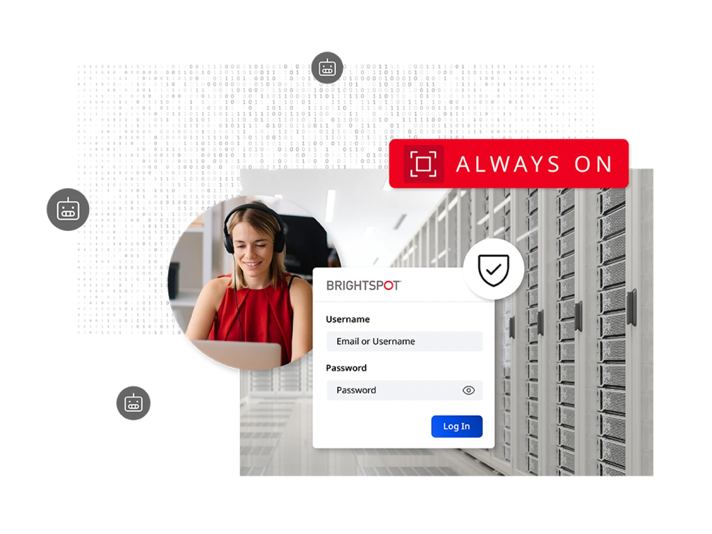 graphic showing icons of "bad" bots, a female worker sitting wearing headphones looking at laptop, Brightspot login screen, shield icon, photo of a server room and a graphic saying "always on"