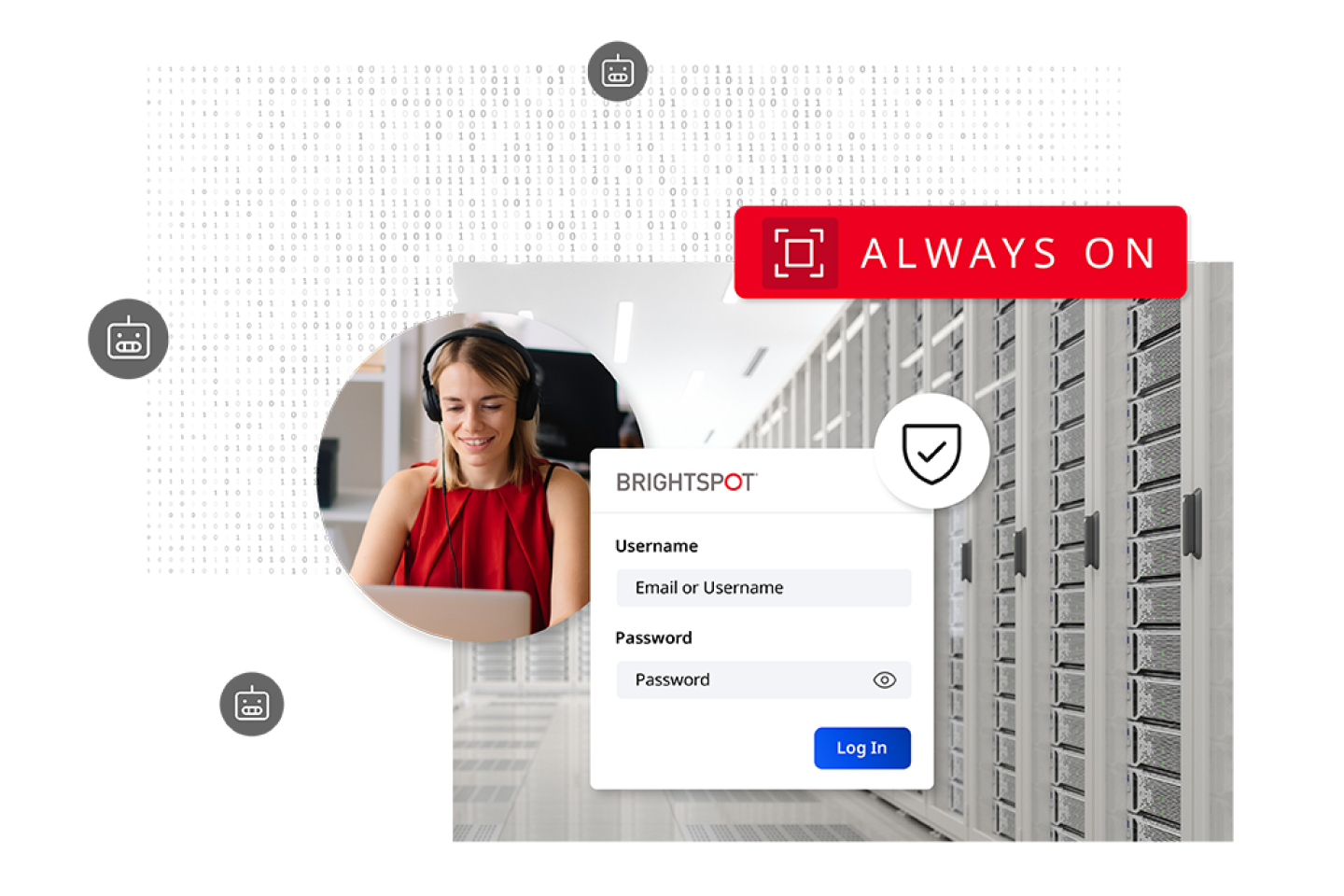 graphic showing icons of "bad" bots, a female worker sitting wearing headphones looking at laptop, Brightspot login screen, shield icon, photo of a server room and a graphic saying "always on"