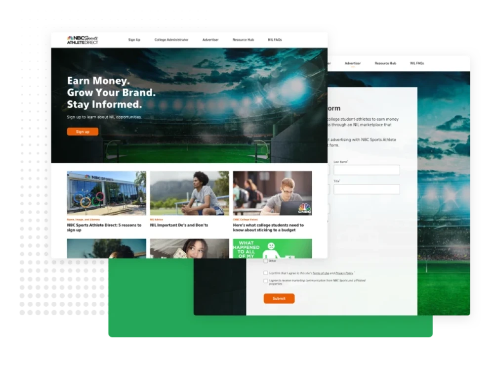 screenshot of NBC Sports Athlete Direct website for Brightspot CMS case study