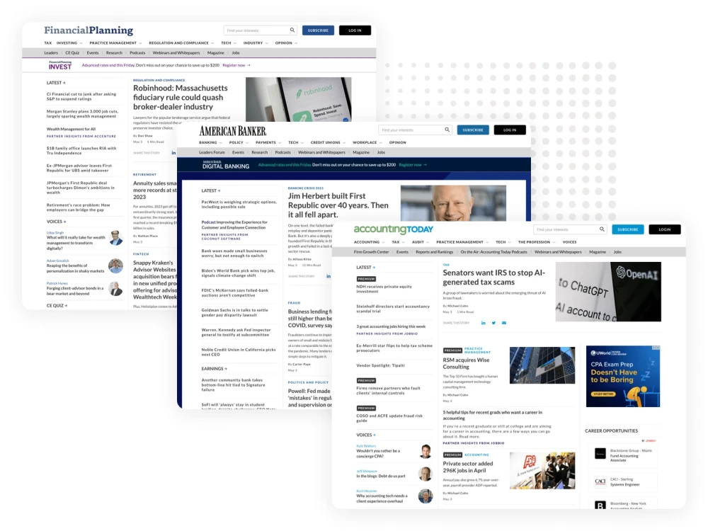 screenshot examples of Arizent websites including Financial Planning, Accounting Today & American Banker