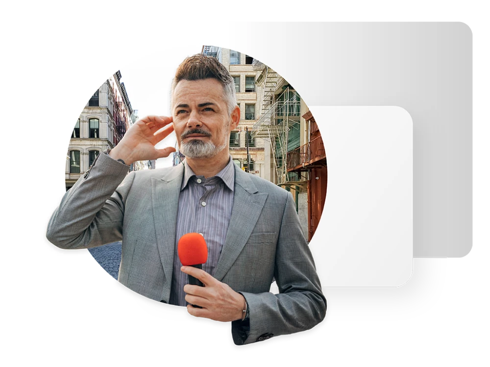 graphic showing male news broadcaster with microphone framed by a circular background image of a cityscape