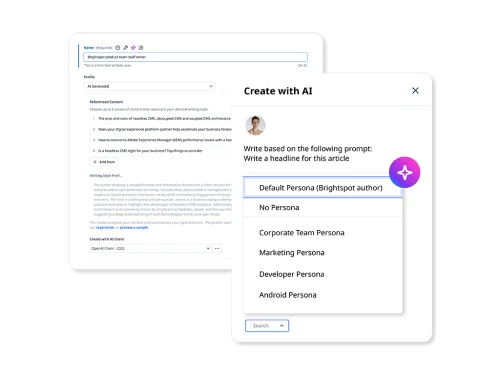 screenshots of Author persona configuration example of a Brightspot staff writer with a list of referenced content and style profile and also a pop-up screen of an AI prompt with drop-down list to select a persona