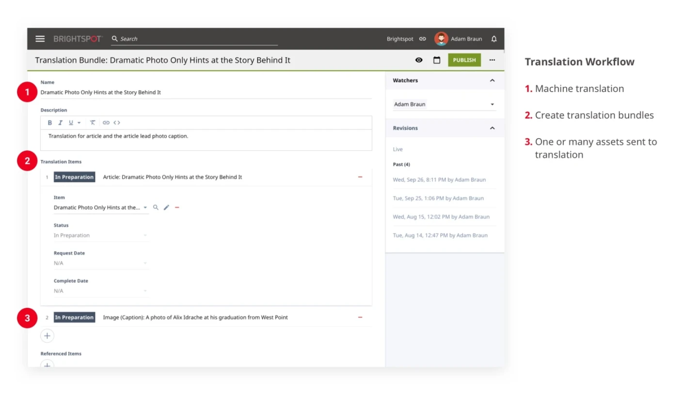 example of translation workflow in Brightspot CMS