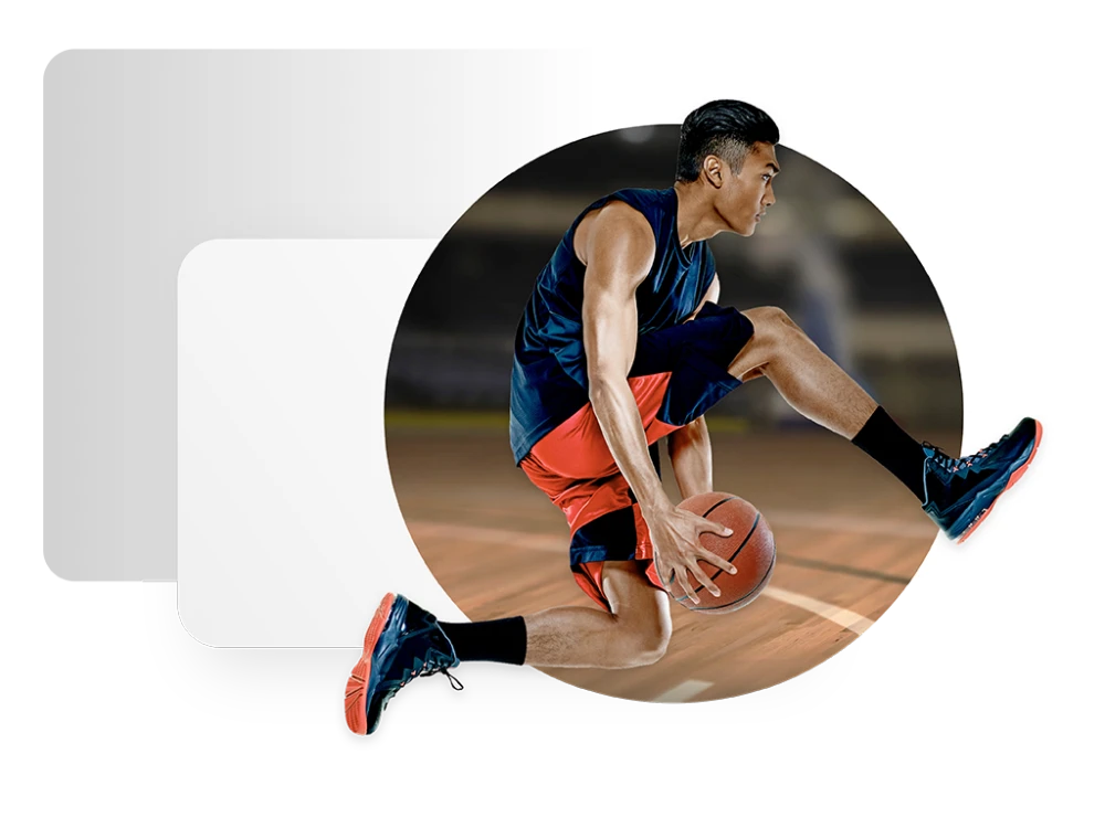 graphic showing male basketball player leaping to make a shot framed by a circular background image of a basketball court