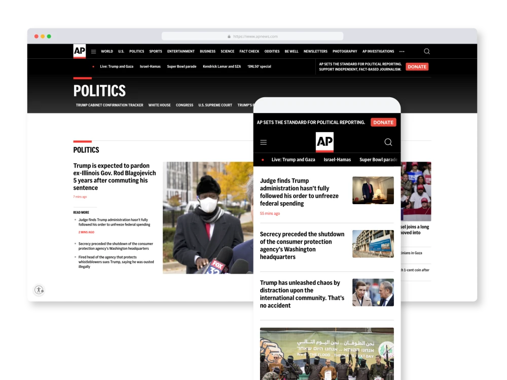 screenshots of the AP News website, powered by Brightspot