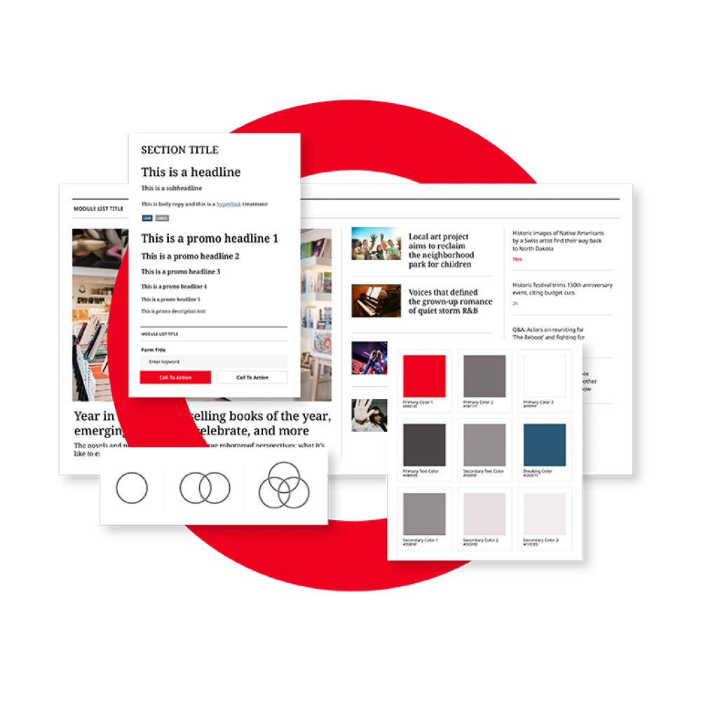 illustration depicting Brightspot front-end design capabilities overlaid on red Brightspot logo