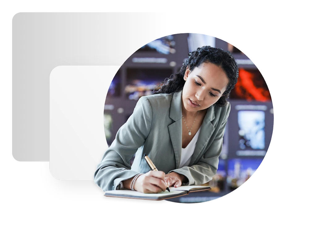 graphic showing female content creator writing in notebook framed by a circular background image of an office setting