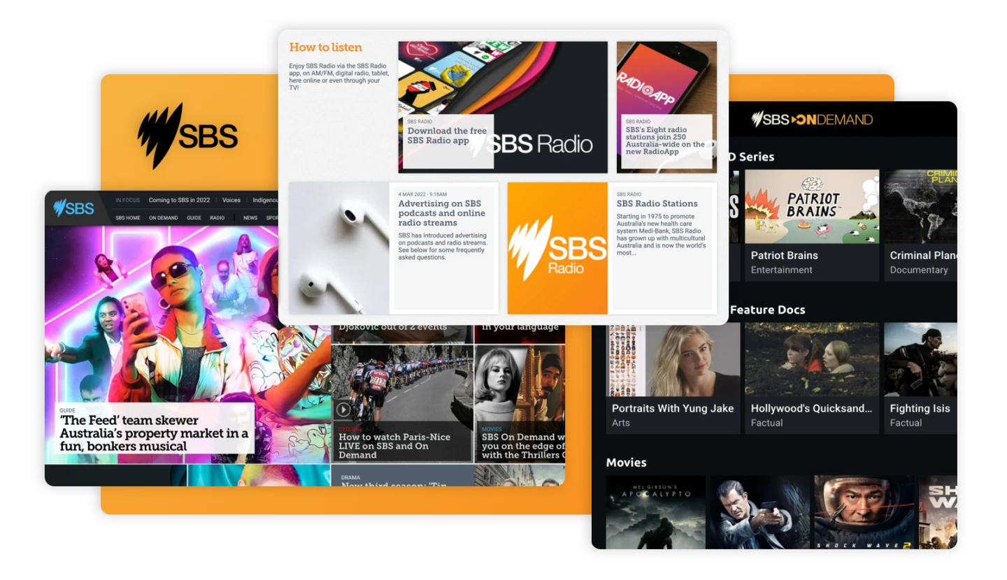 screenshots of SBS Australia website for Brightspot CMS case study