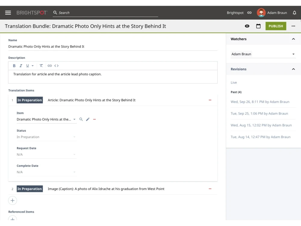example of translation workflow in Brightspot CMS