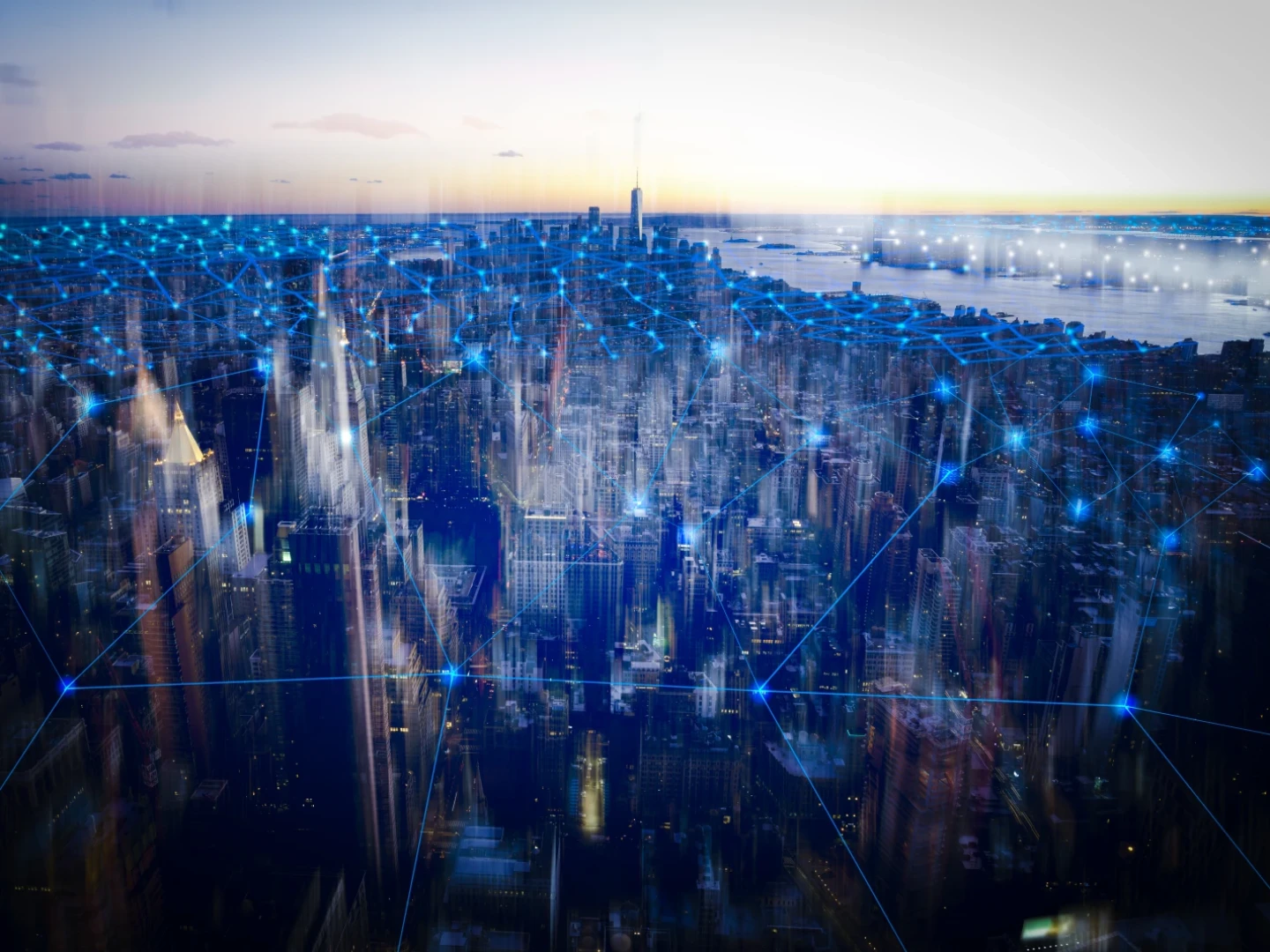 view of Manhattan city skyline overlaid with grid of data points