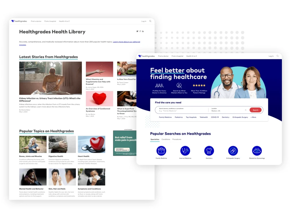 examples of Healthgrades website, a Brightspot-hosted CMS