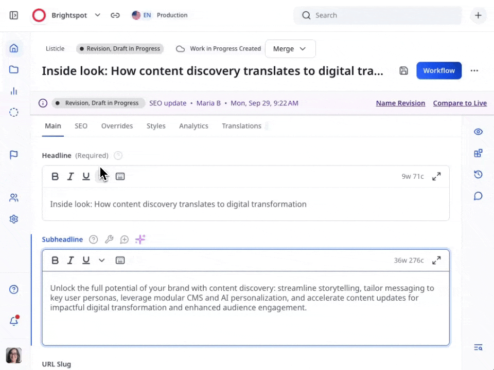 Demo of Create with AI using AI to edit an SEO description and moving it in the workflow to an AI Review status.