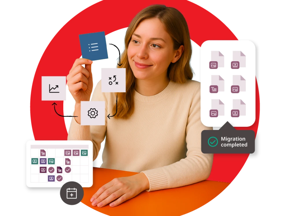 Graphic of a young woman sitting with the Brightspot red circle in the background along with icons featuring workflow tasks and files.