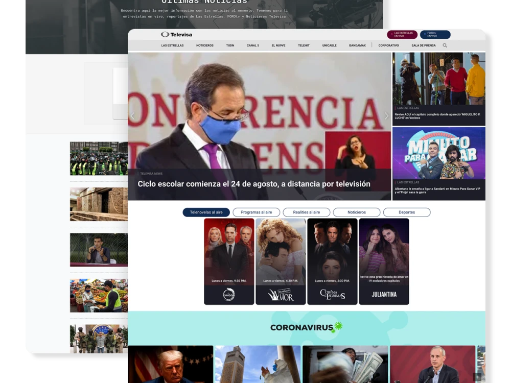 Televisa website screenshots for Brightspot CMS case study