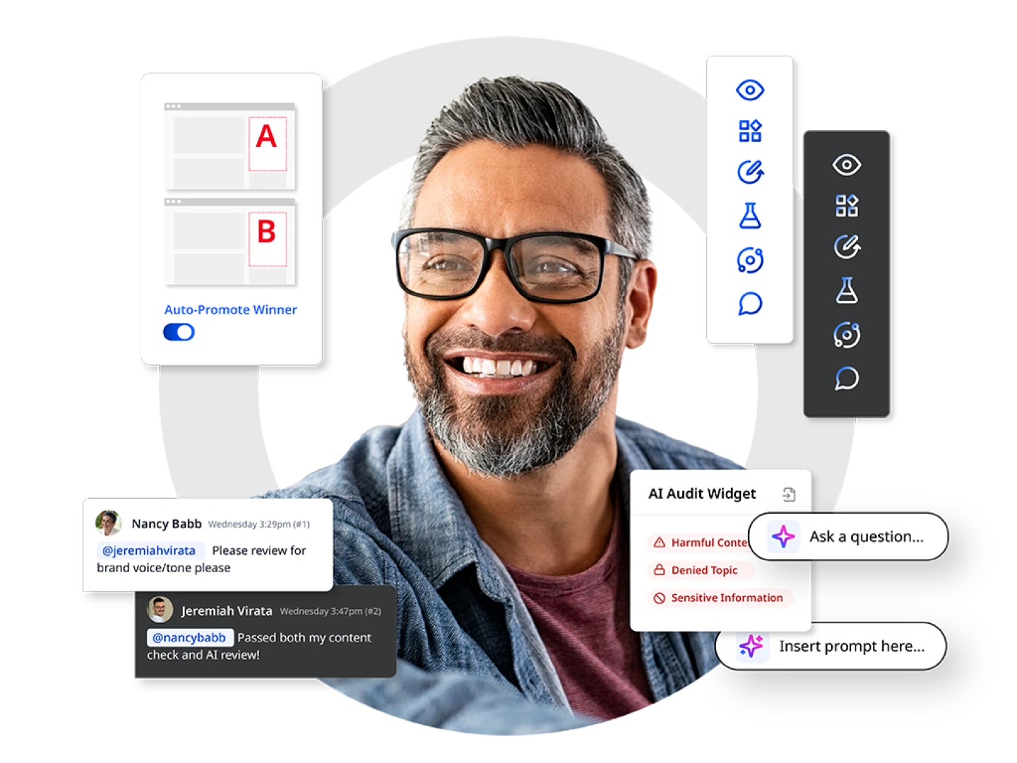 Smiling man wearing glasses with a Brightspot grey circle in background and icons around the circle featuring CMS capabilities including A/B testing, CMS UI icons, AI prompts and guardrail labels, and Conversation messages.