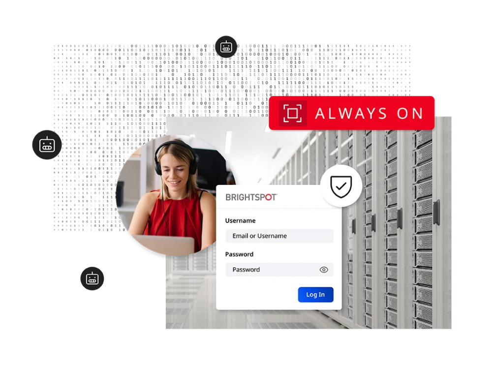Brightspot Fortify illustration of digital background with bot icons, female business worker, brightspot cms login and shield symbol