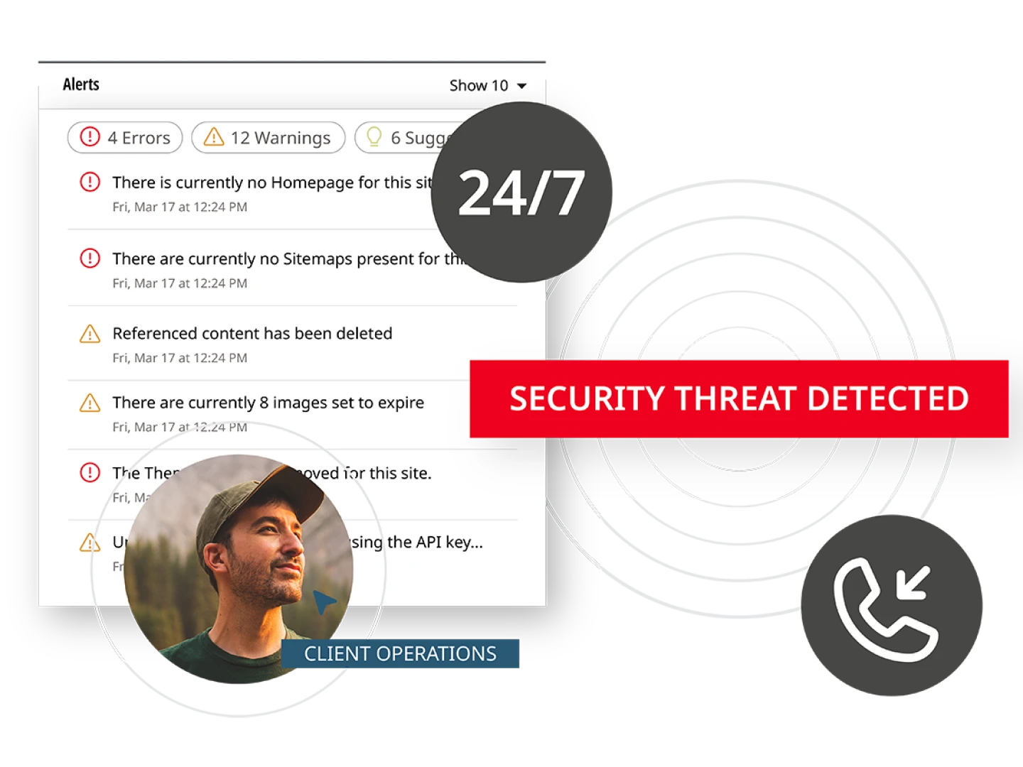 illustration depicting 24/7 website security monitoring offered through Brightspot Managed Services