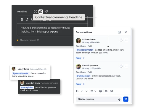 Graphic showing contextual comment field on a headline field along with comment threads