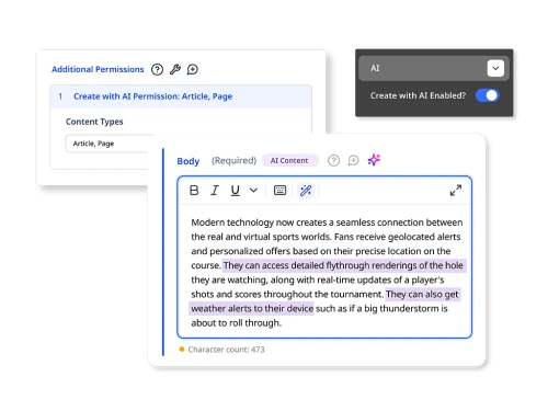 screenshots of Brightspot AI features including permissions, AI text highlighted in Body text field, an "AI Content" label, and a toggle to enable Create with AI