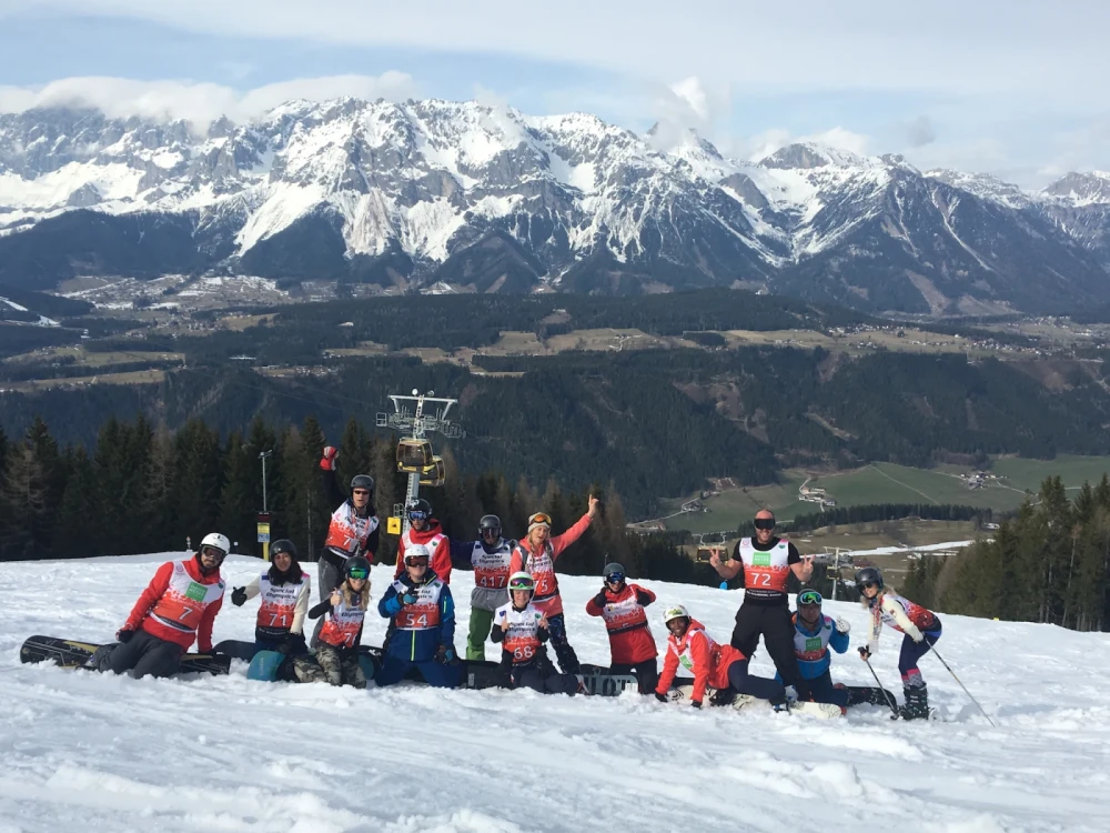 group of Brightspot volunteers on ski slope in Austria during the 2017 Special Olympics World Games