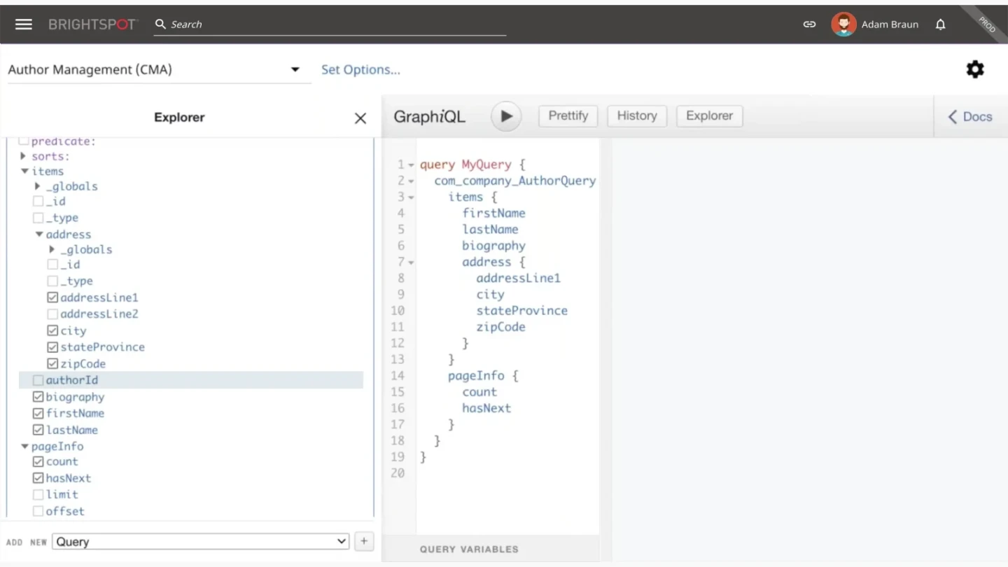 example of GraphQL query code being used to program Brightspot CMS