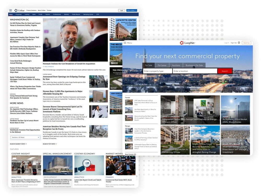 screenshots of CoStar company websites for CoStar Brightspot CMS case study