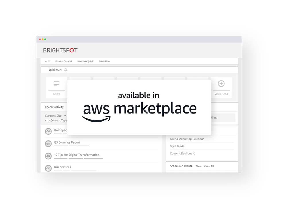 graphic showing "Available in AWS Marketplace" logo overlaid in Brightspot CMS dashboard