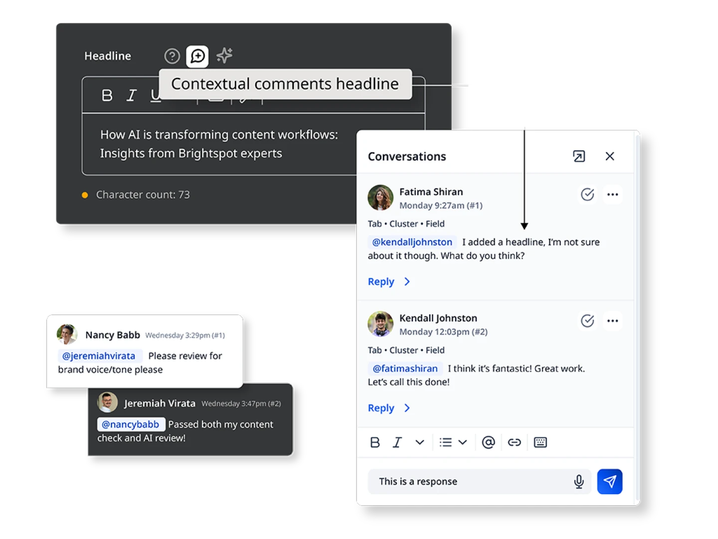 Graphic showing contextual comment field on a headline field along with comment threads